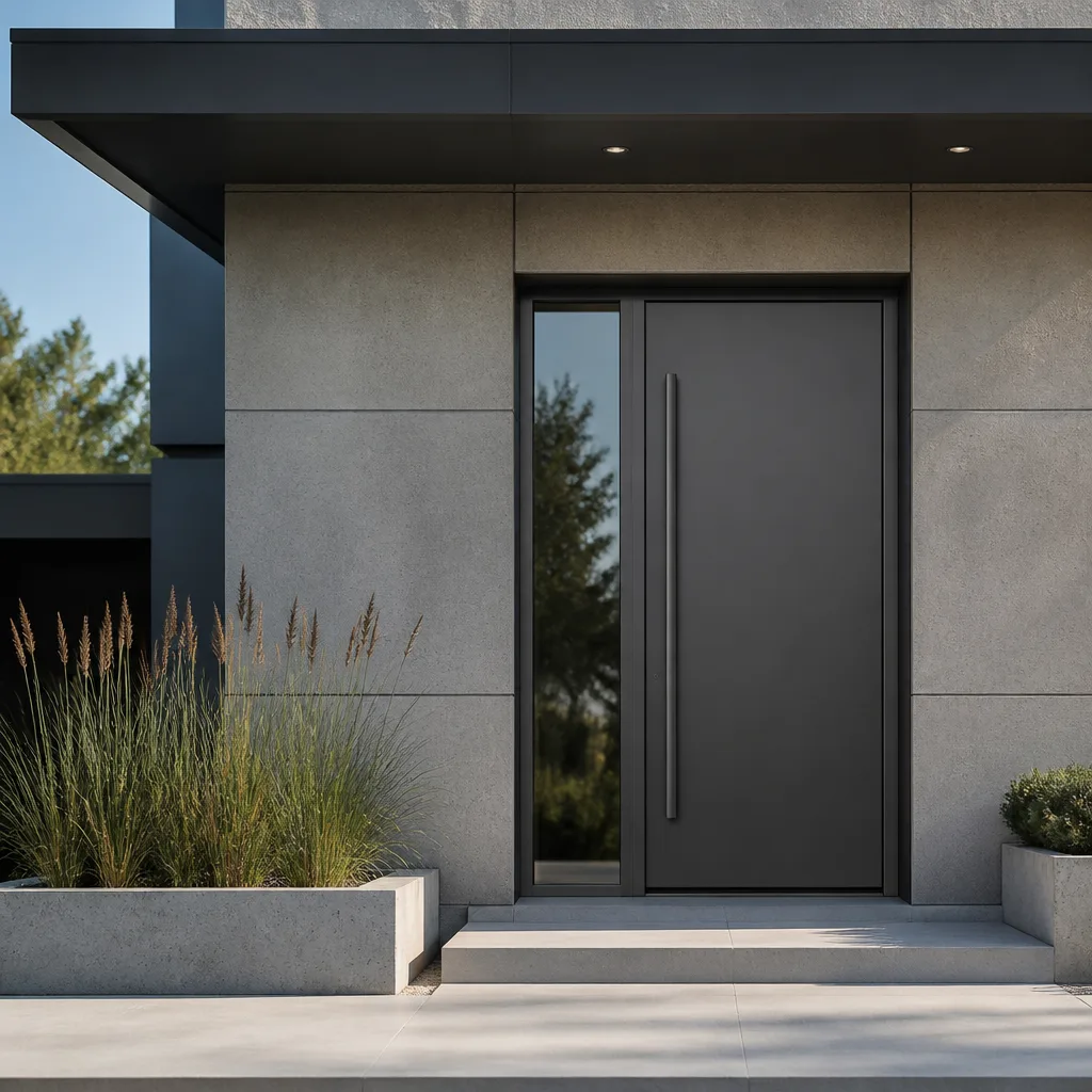 Modern dark gray contemporary front entry door with side glass panel