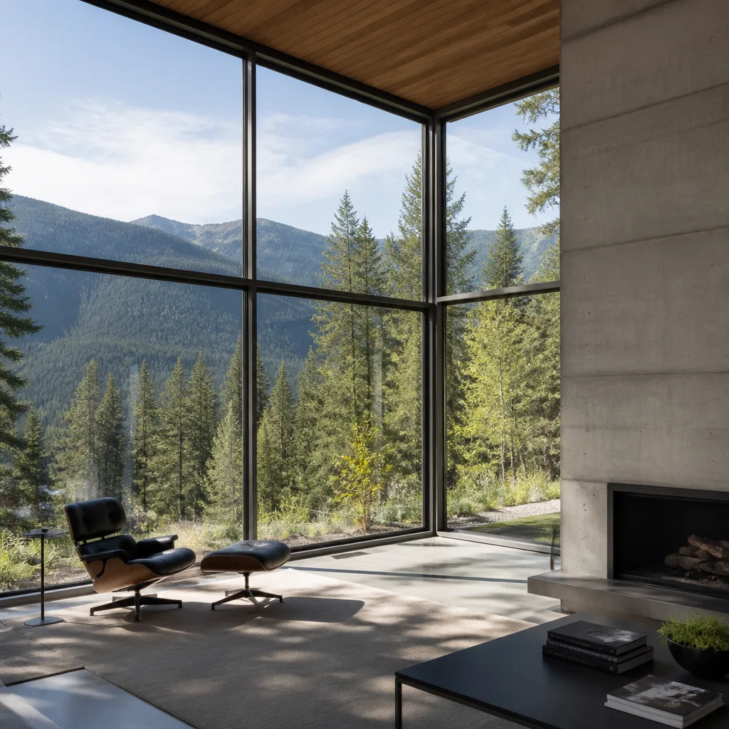 Modern floor to ceiling window installation with mountain forest views