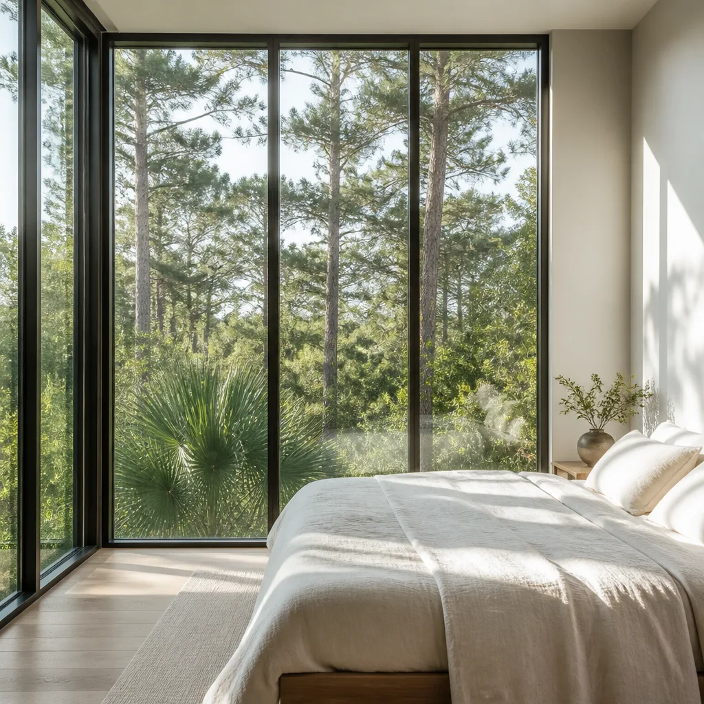 Modern floor-to-ceiling windows installed in a bright bedroom overlooking forest trees