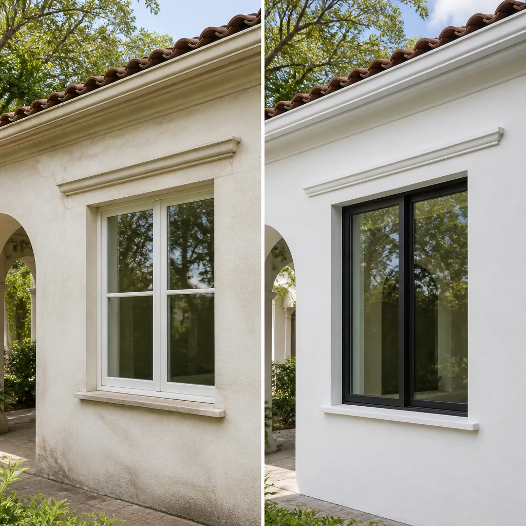 Before and after professional window replacement showing modern black window frames