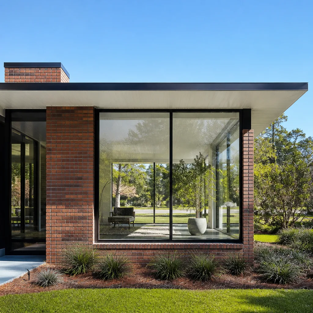 Modern mid-century home with professional custom window replacement and floor-to-ceiling glass